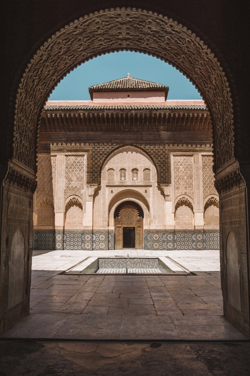 Ben Youssef Madrasa courtyard in Marrakech, Morocco