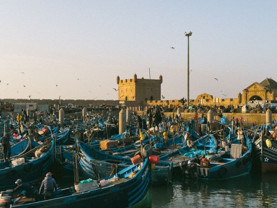 Fishing boats crowded in Essaouira port with the sea bastion behind