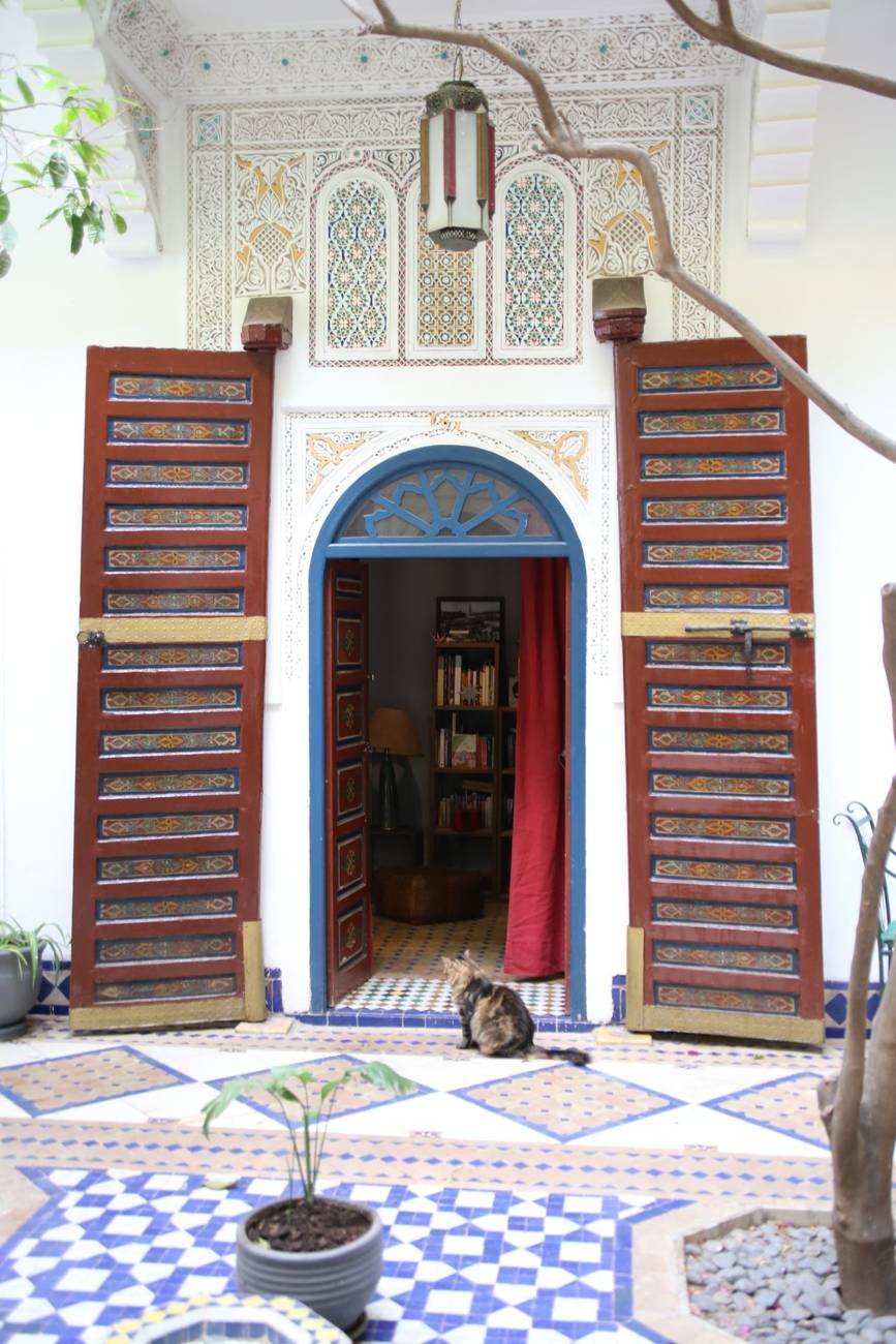Carved doors and zellige tiles around a riad courtyard, with a cat