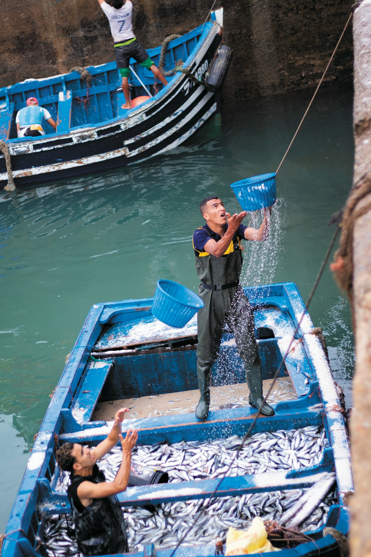 Blue fishing boats in Imsouane harbour, Morocco