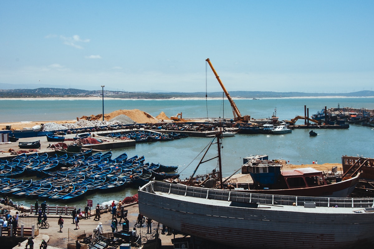 Blue fishing boats in Essaouira harbour, Morocco coast