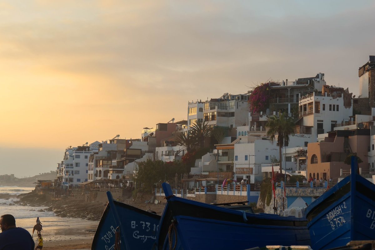 Taghazout village and beach in July sunshine