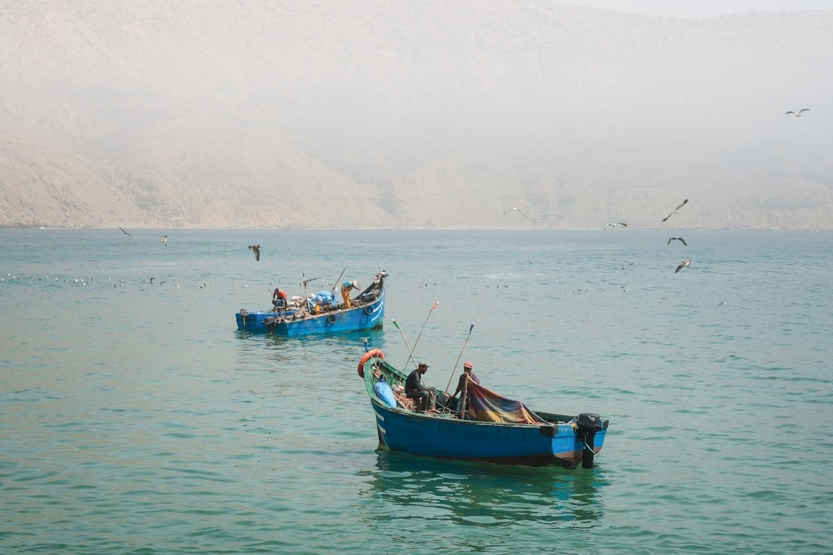 Fishing boats on the sea at Imsouane, Morocco